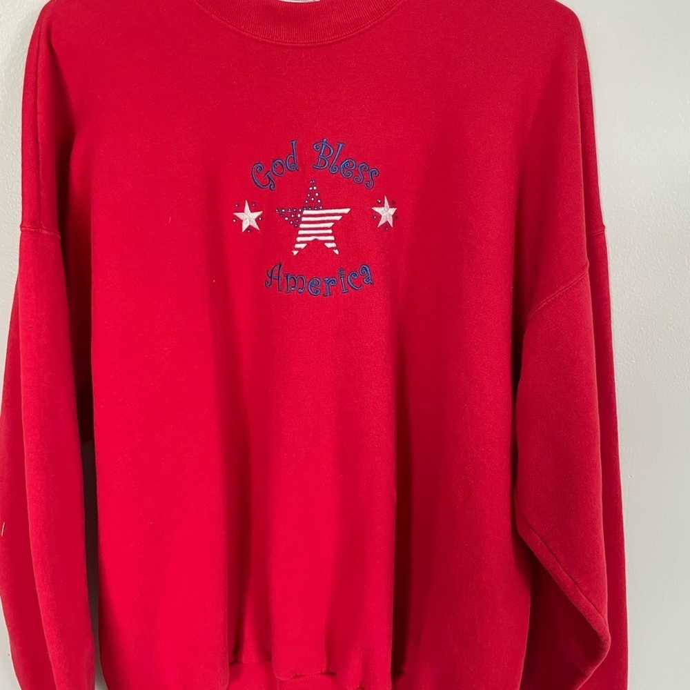 Vintage Red Sweatshirt with Patriotic memorial or Labor Day embroidered Design.